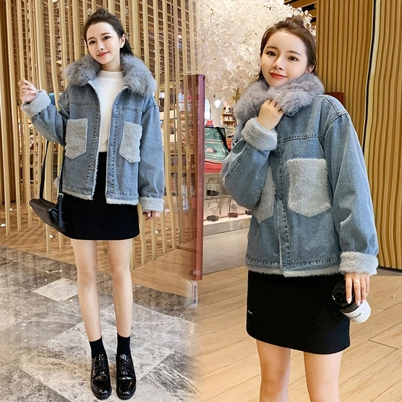 Новинка 2019 свободная синяя короткая парка из овечьей шерсти одежда хлопка