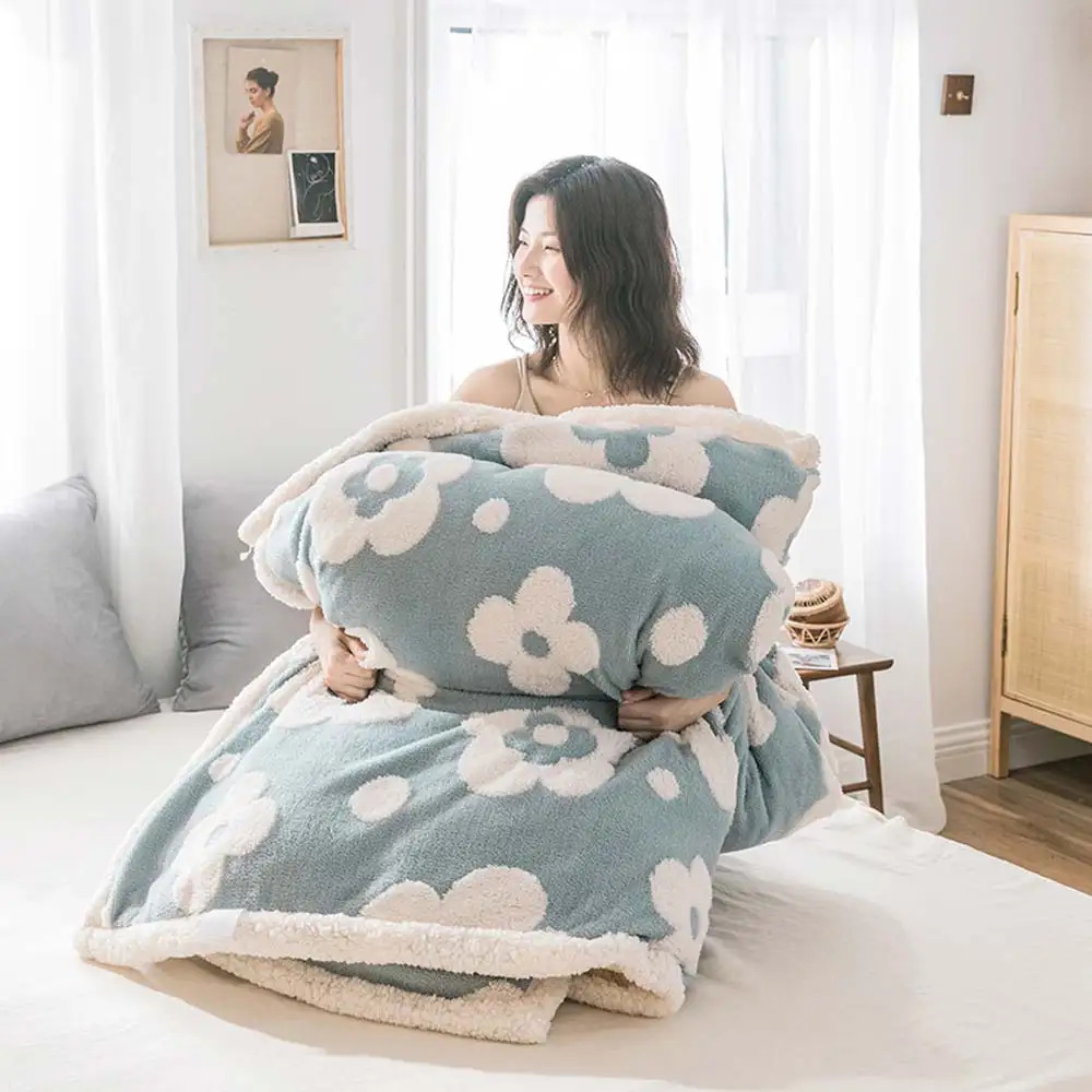 

Papa&Mima Blue Flowers Nordic Winter Thick Throws Blanket Berber Fleece Quilted Warm Soft Jacquard Sherpa Plaids S M L Size