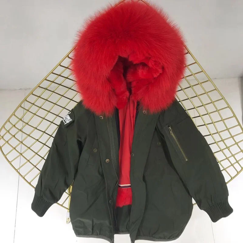 green red fur Настоящий мех кролика, парки, пальто с капюшоном из лисьего меха, Детская куртка для мальчиков и девочек, ветровка, детская зимняя одежда - Цвет: green red fur