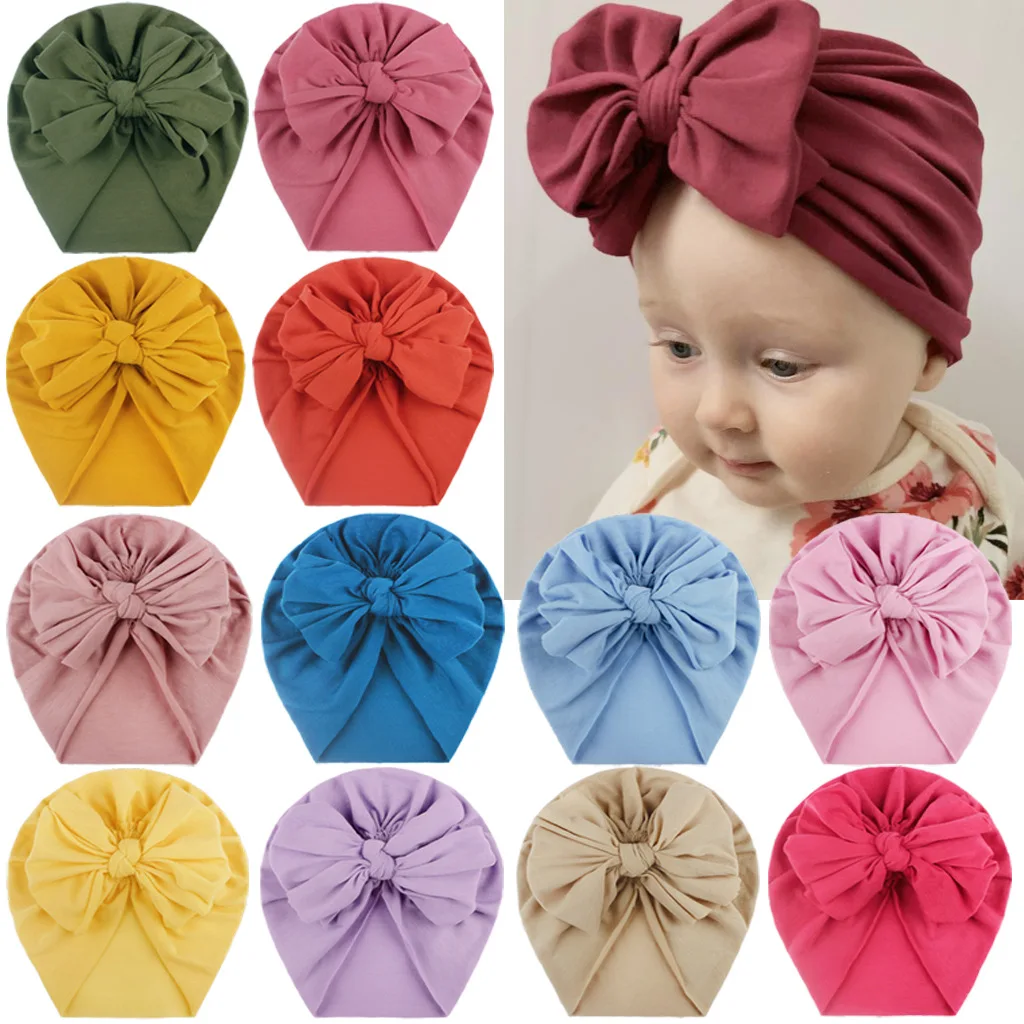 

Solid Color Big Bowknot Baby Hats Winter Soft Infant Turban Elastic Baby Nylon Beanies Newborn Headband Baby Hair Accessories