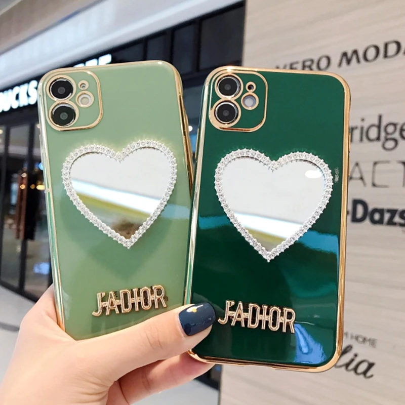 

Luxury 3D Electroplate Love Heart Makeup mirror Phone Case For iPhone 12 11 XS XR 7 8Plus Plating Mirror Girl Diamond Soft Cover