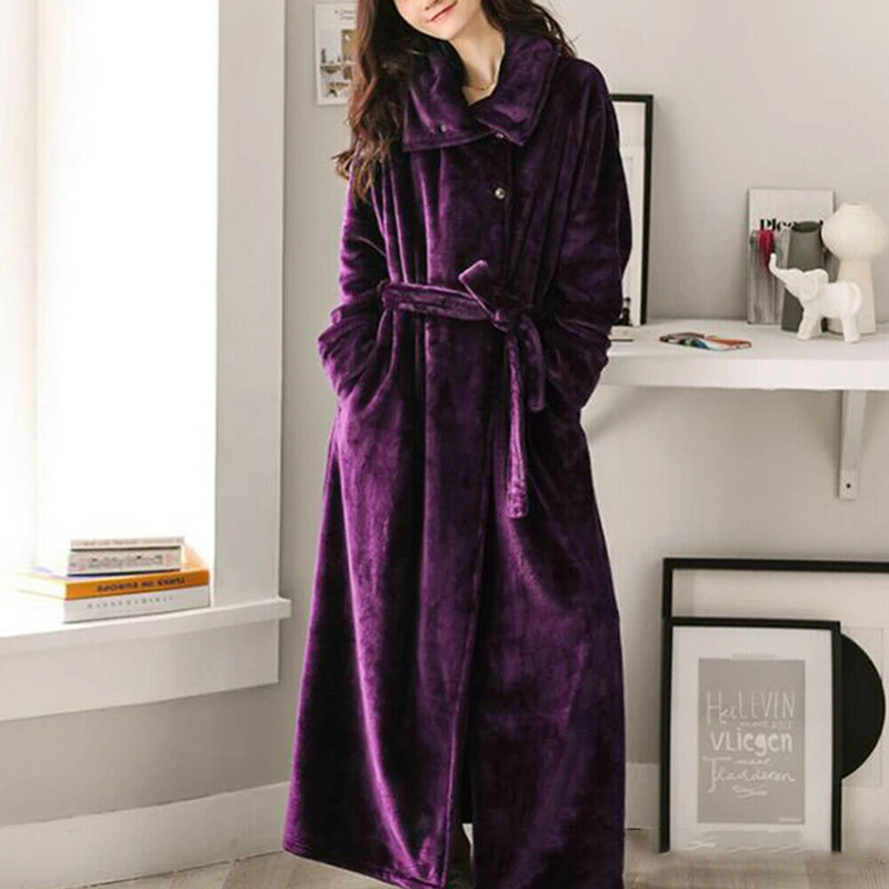

Women Long Warm Dobby Coral Fleece Bathrob Winter Thick Bath Robe Kimono Dressing Gown Female Sleepwear