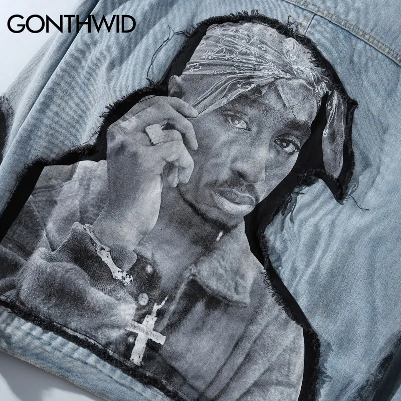 GONTHWID хип-хоп рэп раппер 2PAC Тупак Шакур Лоскутная галстук-краситель джинсовая куртка хип-хоп Повседневная джинсовая куртка уличная верхняя одежда