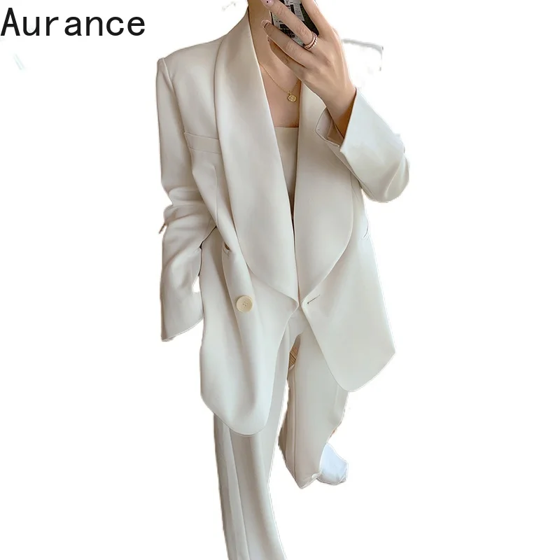 

[Aurance] Women Fashion Korean Wide Leg Pants Big Size Two Piece Suit New Lapel Long Sleeve Loose Fit Tide Spring Autumn 2021