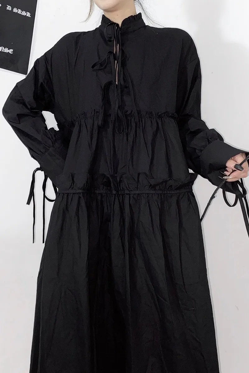 

SuperAen Autumn Loose Slim New Design Medium Waist Pleated Ruffle Full Solid Cascading Ruffle Dress for Women