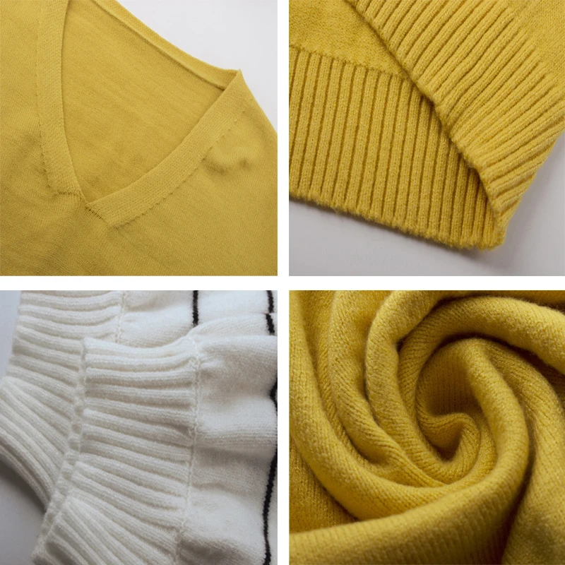 Lossky Women Striped Patchwork Pullover Sweater Female V-neck Fashion Autumn Winter Long Sleeve Clothing Yellow Ladies Top 2019 | Женская