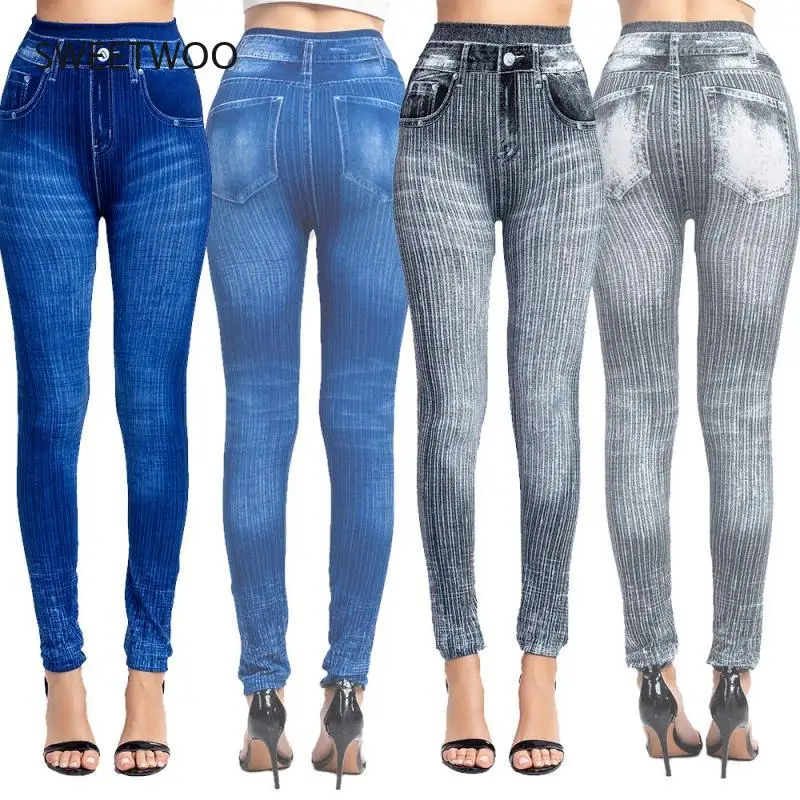 

2021 Women Sexy Push Up Seamless High Waist Warm Jeans Leggings Women Spring Elastic Faux Denim Jeggings Pants Leggins 3XL