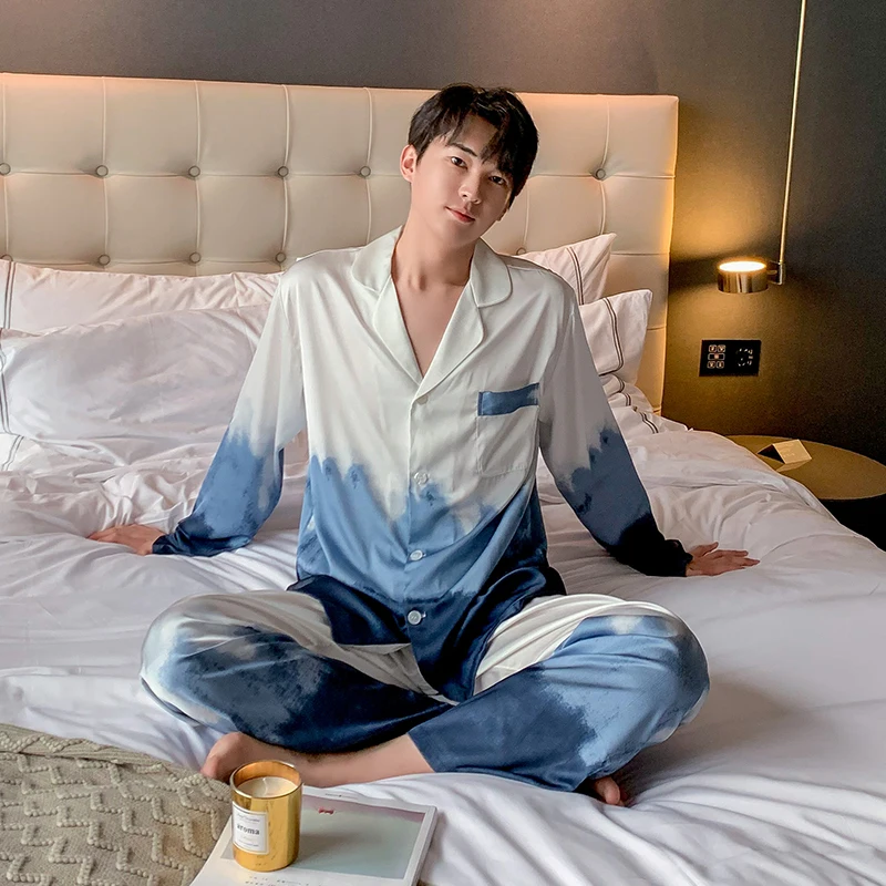 

2021 Spring Women's Pajamas Set Luxury Style Gradient Blue Lovers' Sleepwear Silk Like Couple Home Clothes Nightwear for Men