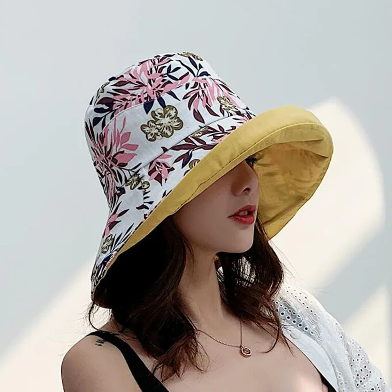 Women's Linen Cotton UPF 50+ Sun Hat Reversible Bucket with Wide Fold-Up Brim and Chin Strap | Спорт и развлечения