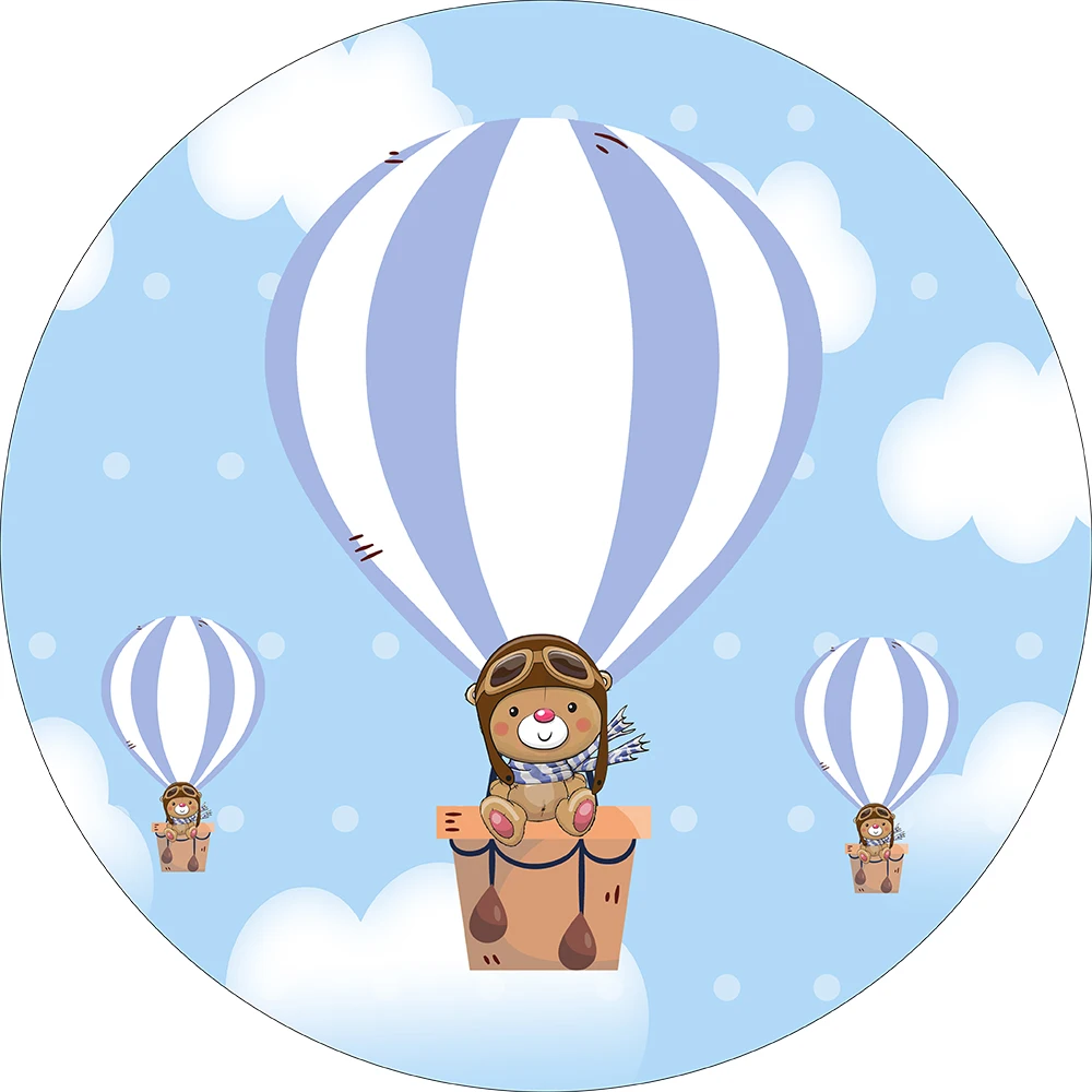 

Blue Hot Air Balloon Round Backdrop Bear Clouds Baby Shower Birthday Party Newborn Portrait Circle Background Photography Studio
