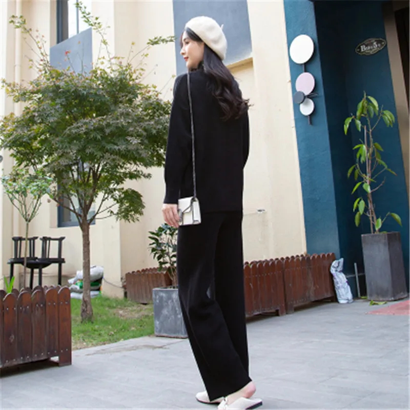 

CBAFU wide legs pants turtleneck pullovers set long sleeve sweter pants 2 piece set casual autumn loose two pieces set M042