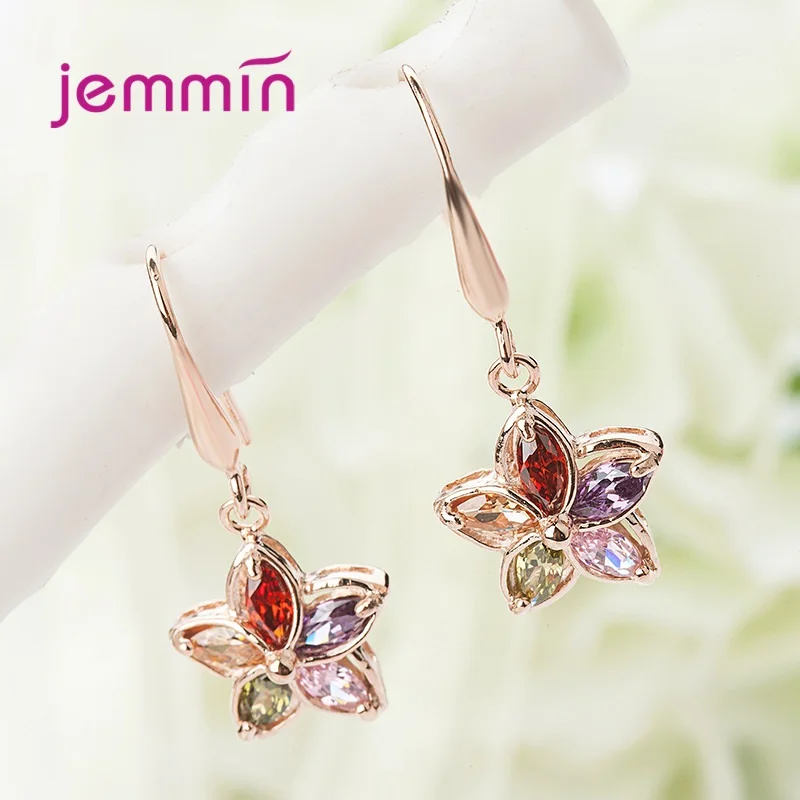 Rose Gold Color Drop Earrings With Colorful Crystal New Model Genuine 925 Sterling Silver Dangle For Women Any Party | Украшения и