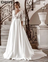 herburnl elegant v neck satin wedding gowns dresses lace applique long sleeves floor length stylish fashion for women