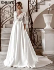 HERBURNL, богемное пляжное свадебное платье с V-образным вырезом и рукавом три четверти, элегантное кружевное атласное свадебное платье, свадебное платье
