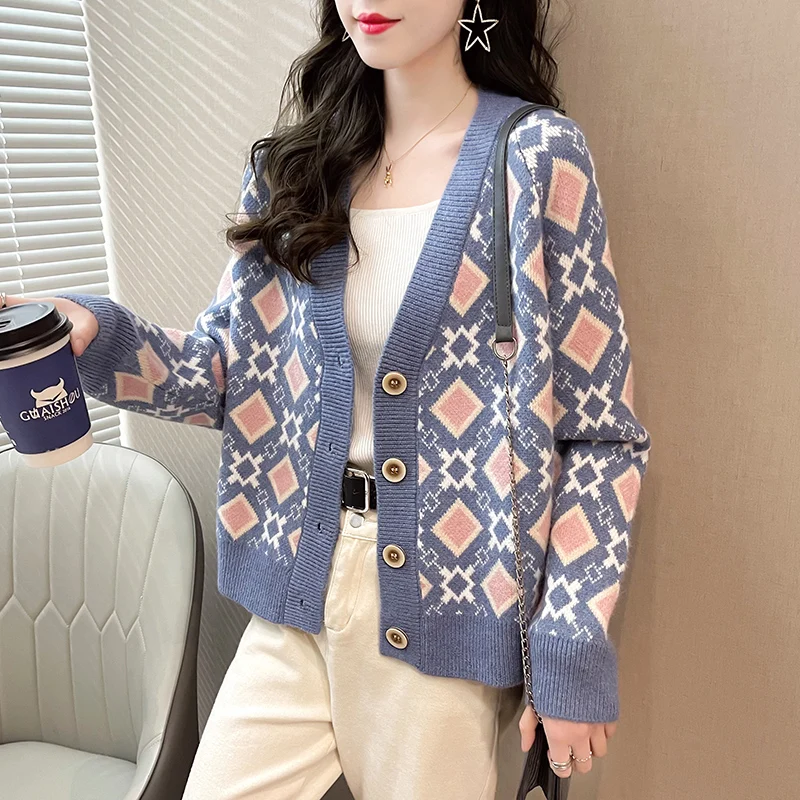 

Korean Style Knitted Cardigan Women's Sweater Coat Lazy Wind Top Casual Geometric Sweaters Cardigans Button Coat Sweter