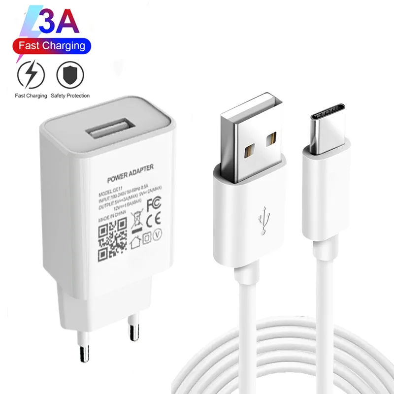 Quick Charge 3.0 Fast Phone Charger EU Plug For Xiaomi Mi Poco X3 NFC M3 F3 F2 Pro Redmi 9T 8A 9 Type-c USB Fast Charging Cable