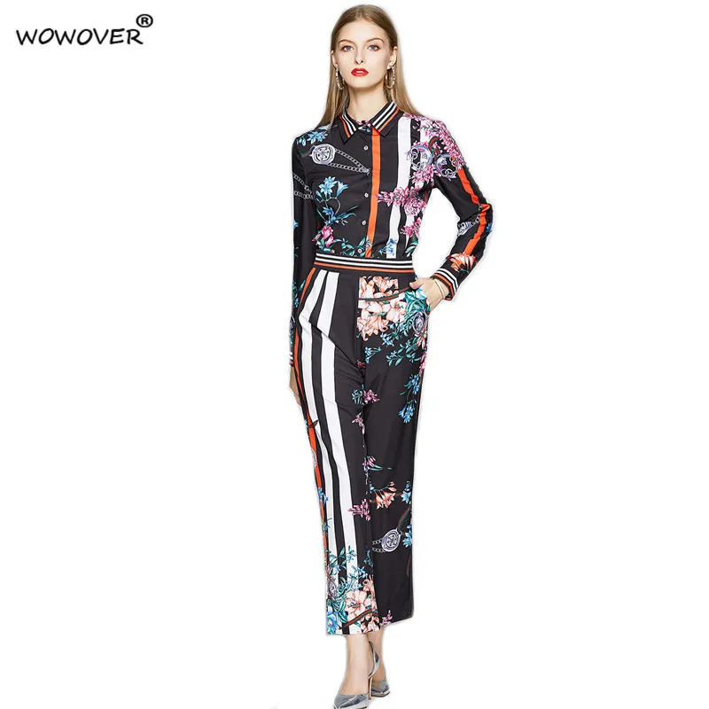 

Spring Women Runway Two Piece Set 2021 New Designers Vintage Outfits Long Sleeve Print Shirt and Pants Suit