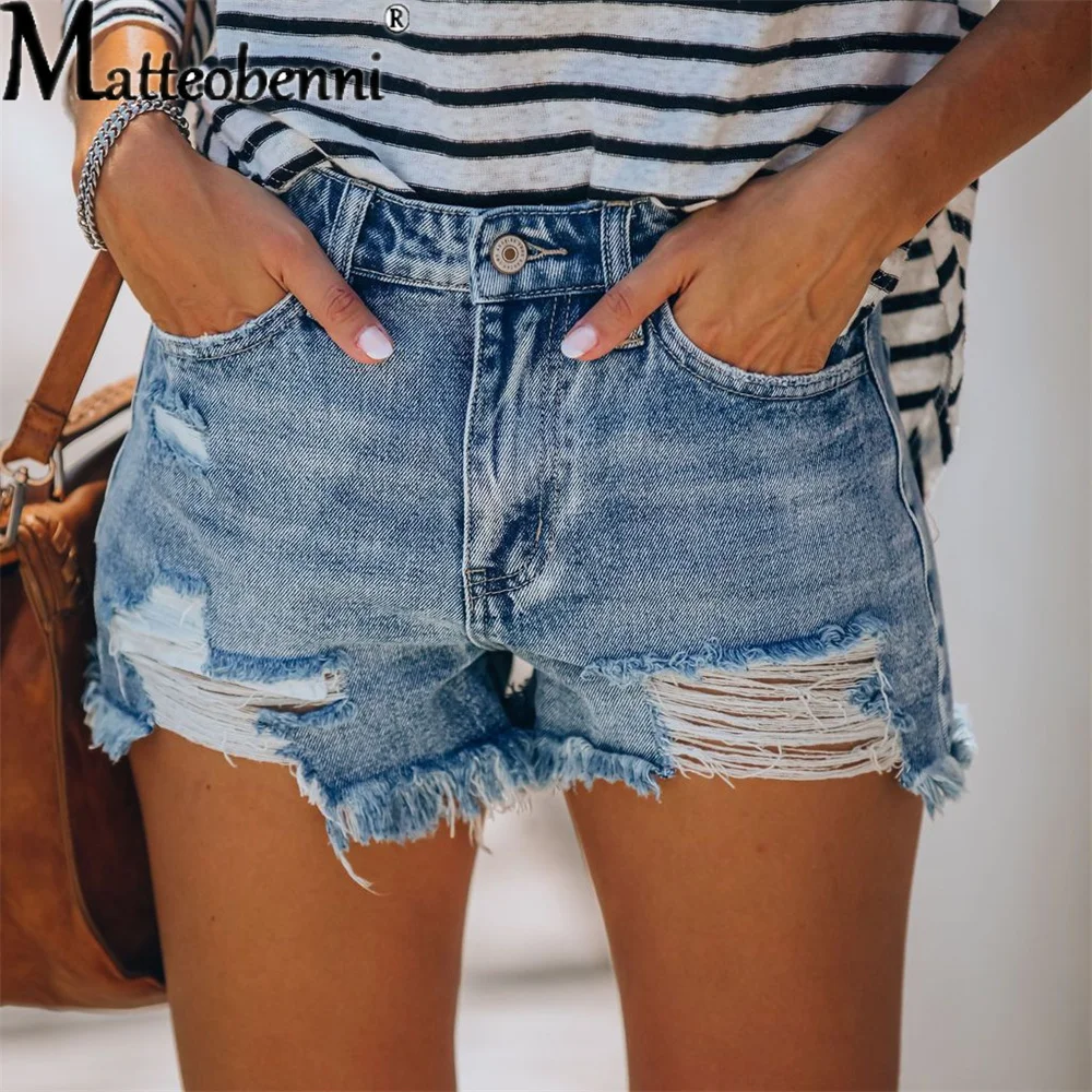 

Vintage Ripped Denim Shorts Fashion Slim Hole Mid Waist Women Jeans Short Summer Lady Casual Distressed Light Blue Cowboy Shorts