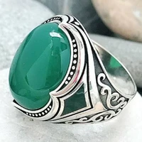 vintage large green stone rings for women wedding party jewelry silver plated carved pattern wide ring luxury gifts accessories