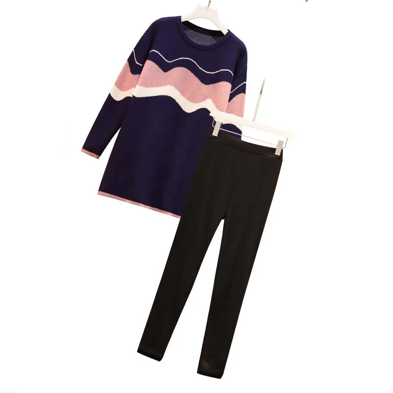 

New Size XL-5XL Ladies Korean Fashion Suits Long Sleeve Sweater & Pencil Pants Two Pcs Clothing Set Outfit Knitwear Girl Fall