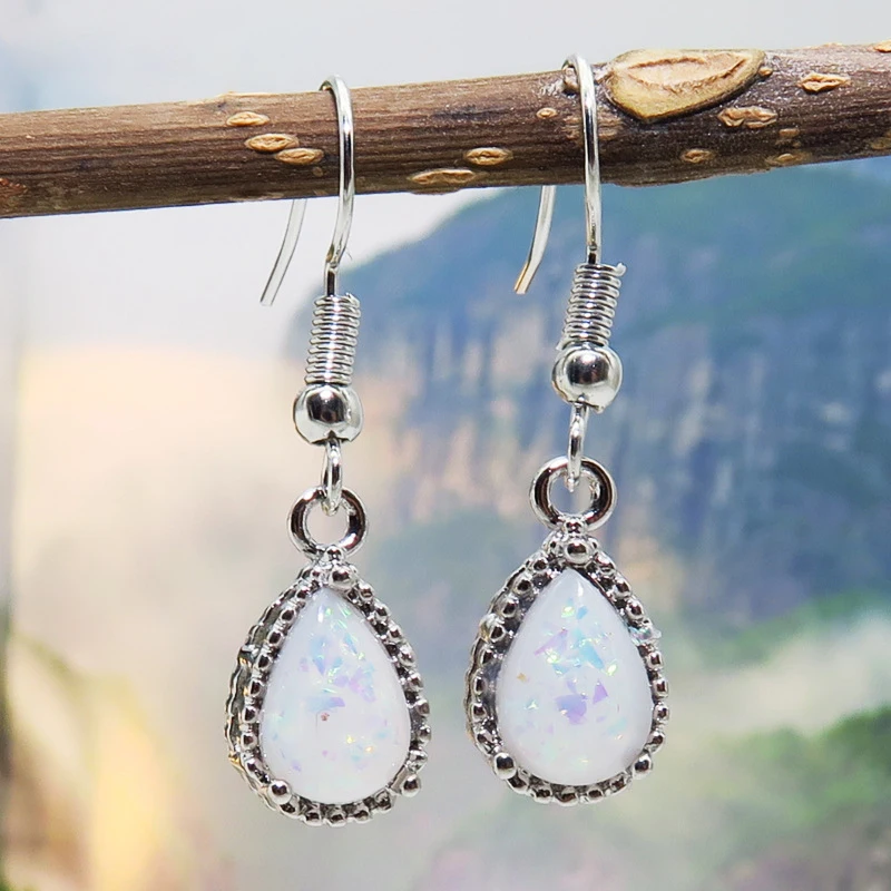 

1Pair Hot Vintage Retro Earrings For Women Jewelry Silver Color Drop Imitation Opal Stone Bohemia Vintage Earrings Accessories