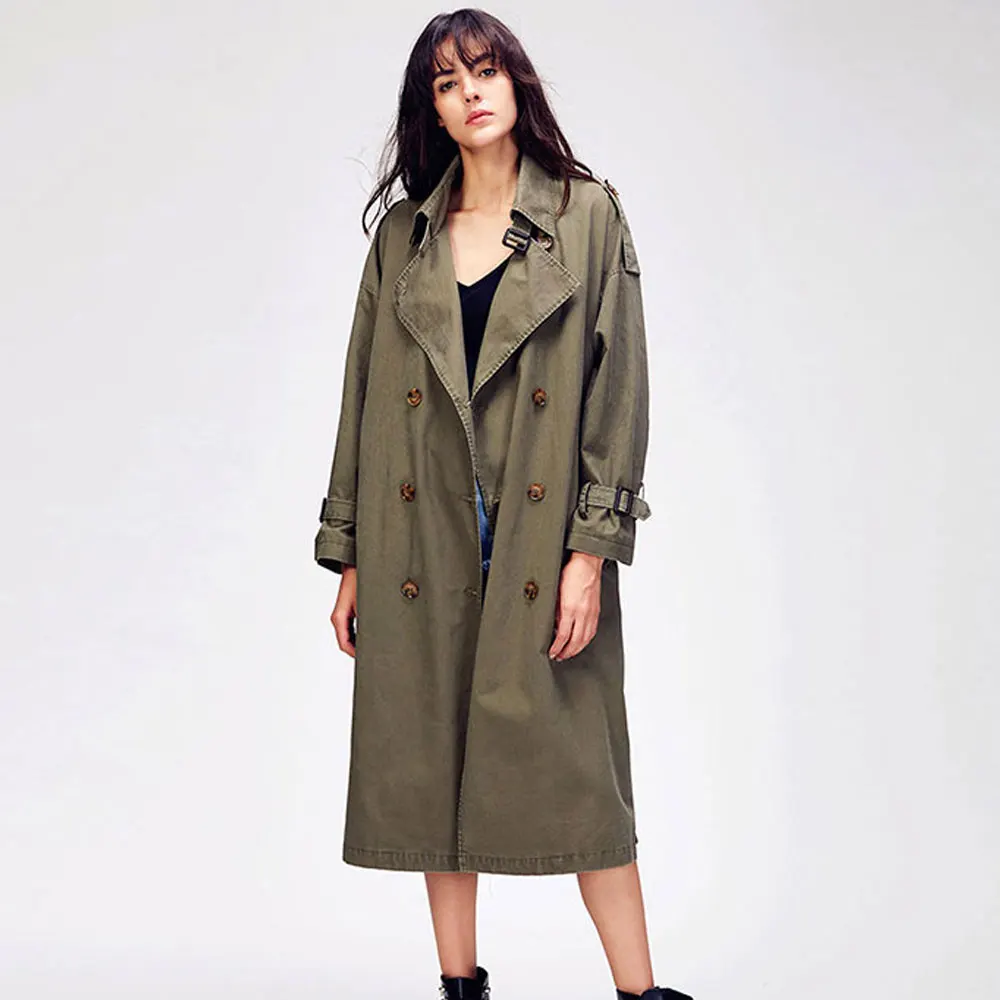 

Double 2023 Autumn Casual Breasted Sashes Coat Women Long Trench Cotton Windbreaker Casaco Abrigo Streetwear