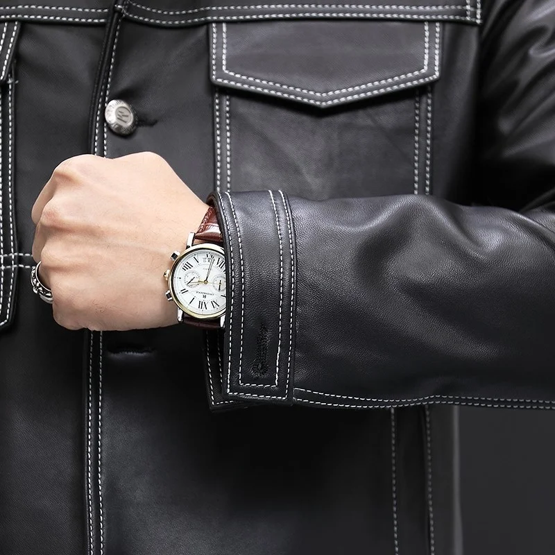 Куртка мужская приталенная из натуральной овечьей кожи модный однобортный