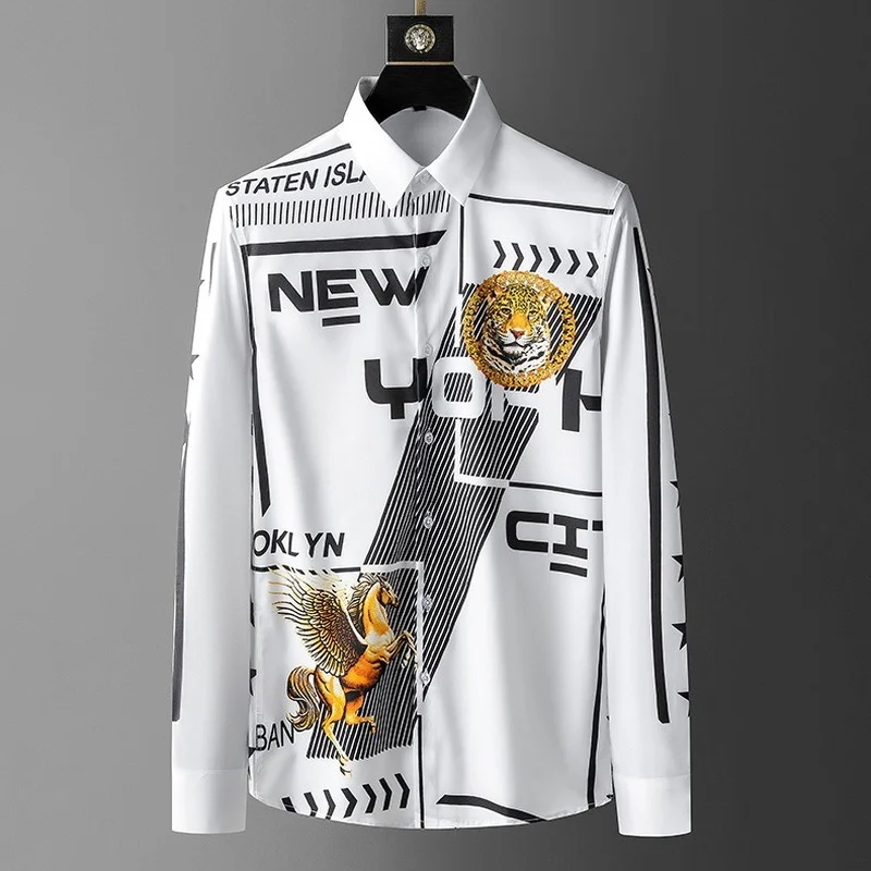 Luxurious Print Shirts for Men's 2021 Autumn Long Sleeve Slim Fit Casual Business Streetwear Blouse Social Party Nightclub Tops