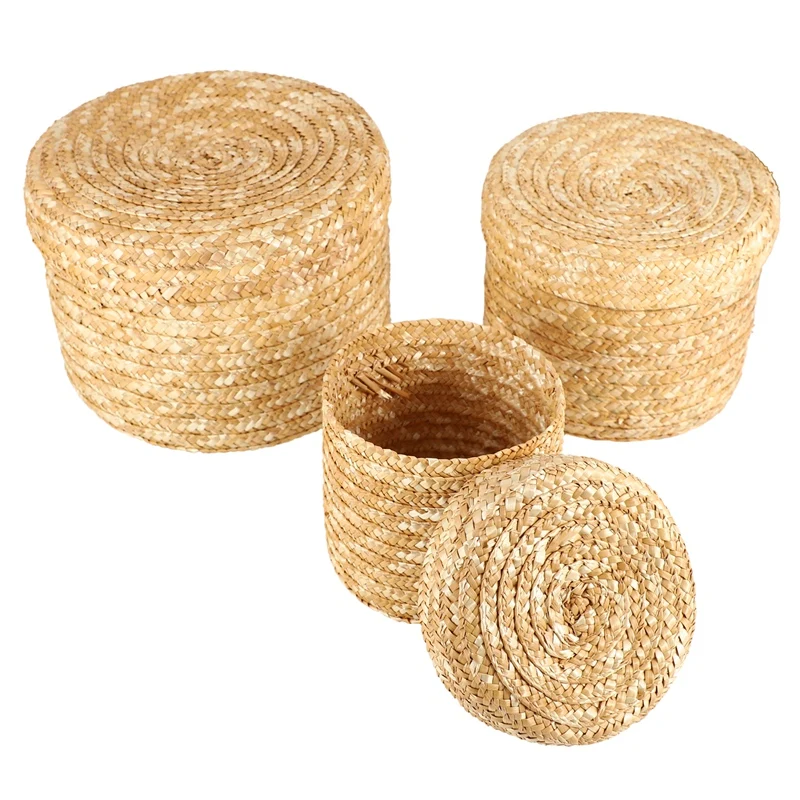 AYHF-3 Pcs/Set Handmade Straw Woven Storage Basket With Lid Snack Organizer Box Laundry Baskets Rattan Flower Ba | Дом и сад