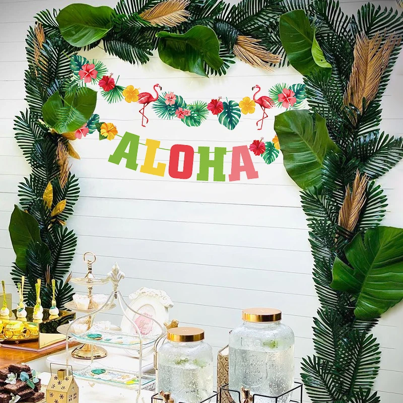 

Hawaiian Party Decorations Aloha Artificial Flowers Palm Leaves Bunting Banner Summer Luau Tropical Flamingo Party Supplies