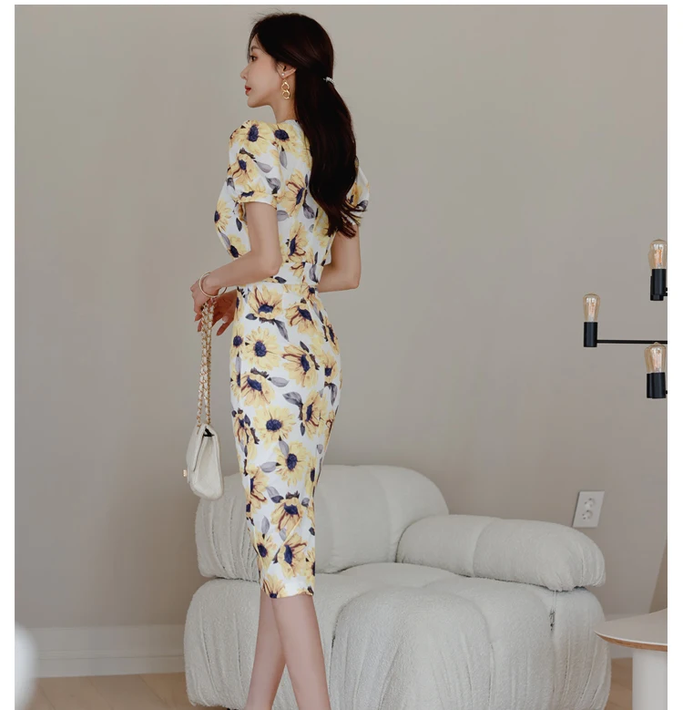 

Floral Print Summer Dress Korean Style Elegant High Waist V-neck Sheath Bodycon Party Dresses Women Robes T2296