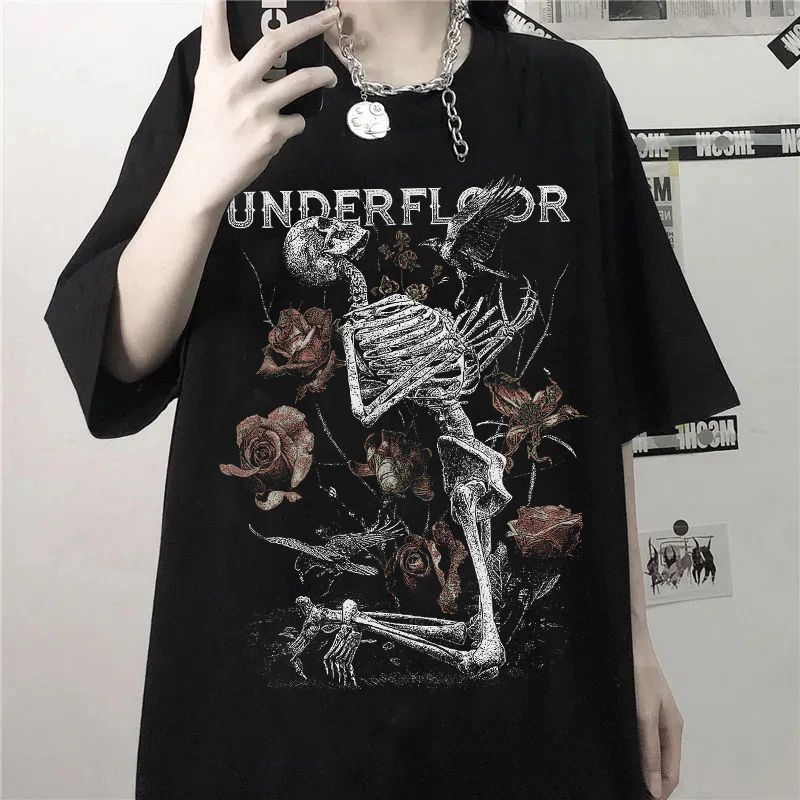 

Gothic T-Shirt Women's Skeleton Print Grunge Aesthetic Goth T Shirt Dark Edgy Fashion Streetwear Graphic Tee Unisex Couple Tops