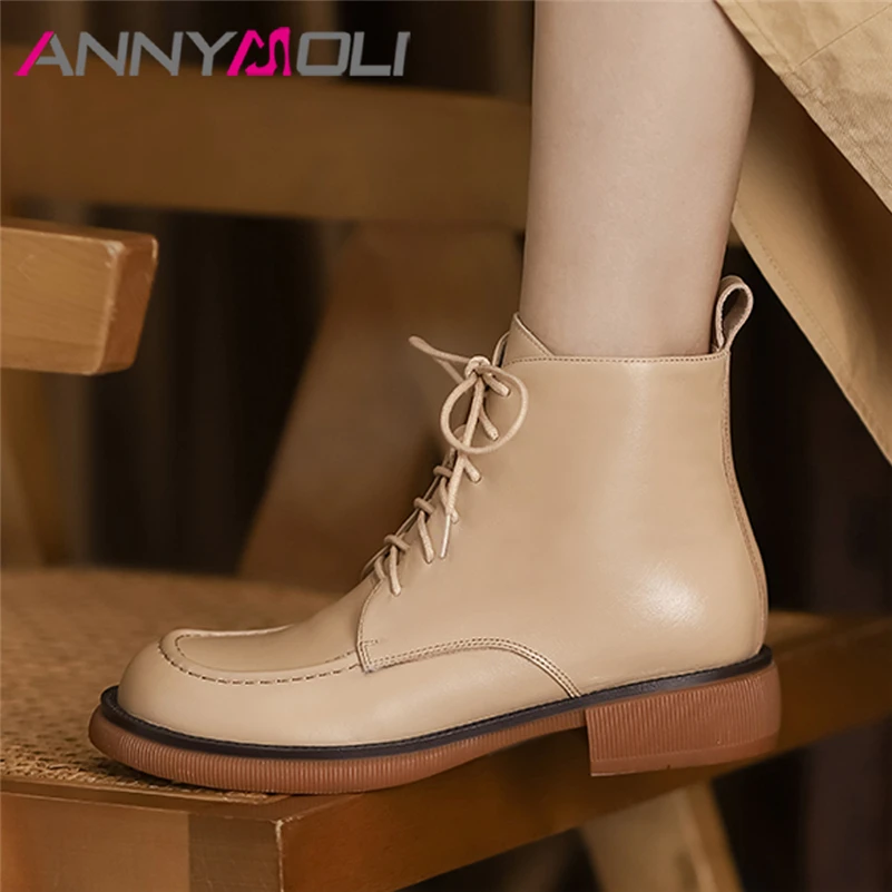 

Ботинки ANNYMOLI женские из натуральной кожи, на платформе, на толстом среднем каблуке, с круглым носком, на шнуровке, Осенние, абрикосовые, черн...