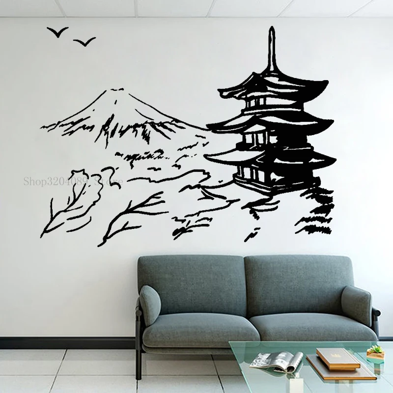 Japanese Building Pagoda Japan Landscape Wall Sticker Vinyl Home Decor Living Room Art Oriental Decal Removable Mural CN346 | Дом и сад