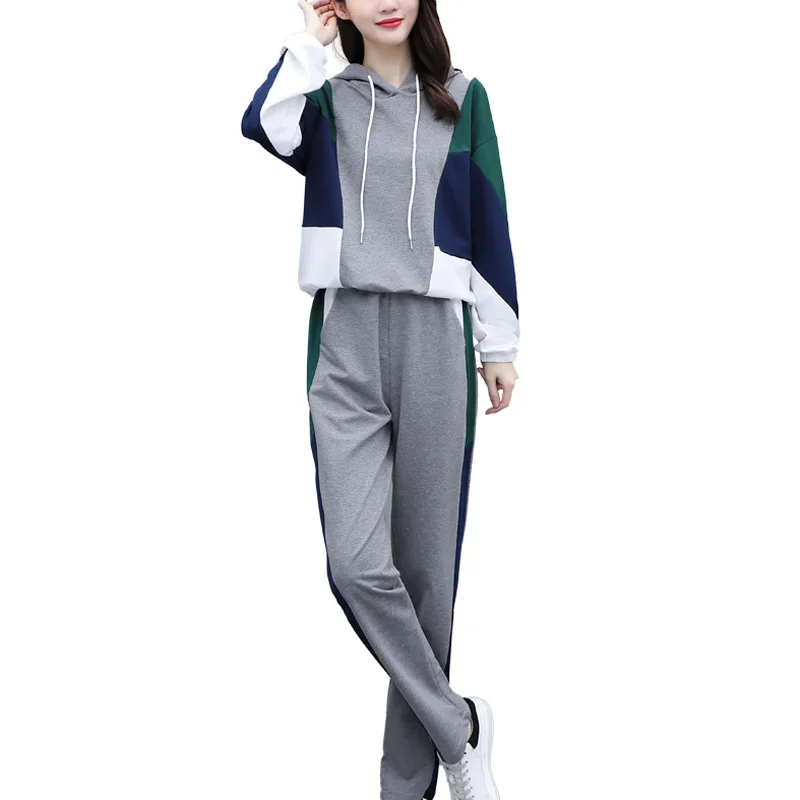 Autumn Women Patchwork Two Piece Set Plus Size Long Sleeve Hooded Tops And Pant Matching Outfits Casual Tracksuit Sport Suit | Женская