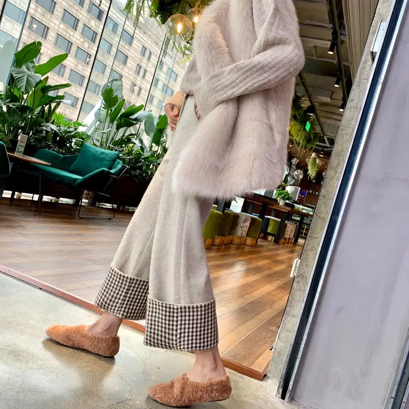 

Luck A High Waist Trousers Women Woolen Pants Autumn Winter New Fashion Female Thick Wide Leg Pant Plaid Cuffs Pantalon Casual