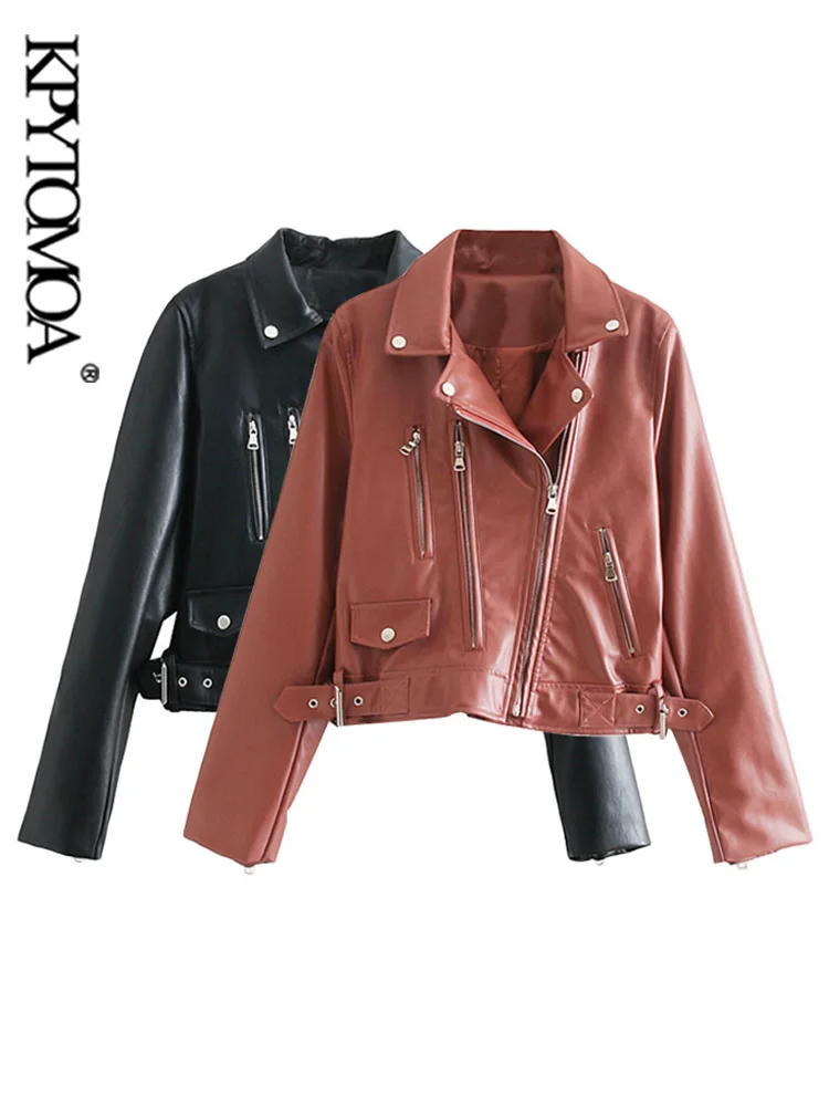 

KPYTOMOA Women Fashion With Zip Pockets Faux Leather Moto Biker Jacket Coat Vintage Long Sleeve Zip-up Female Outerwear Chic Top