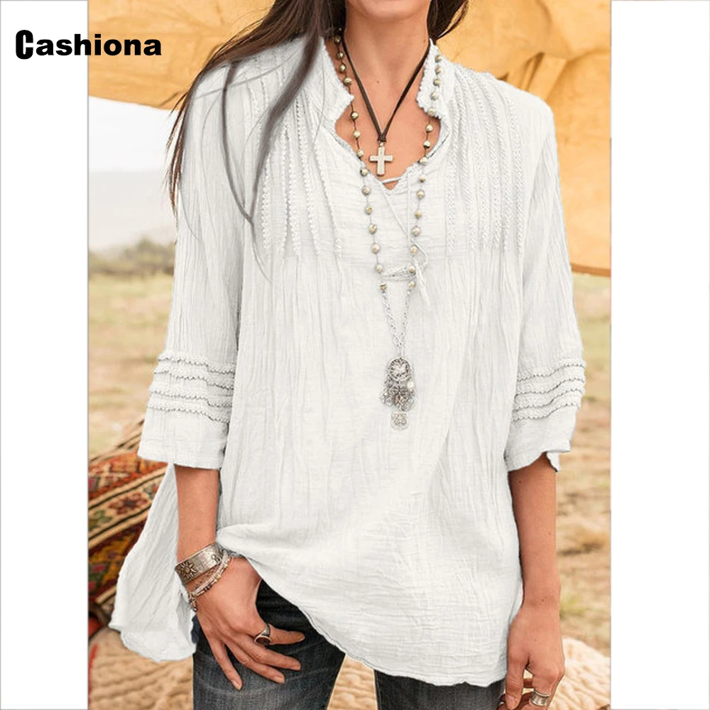 Cashiona 2022 Summer Women Long Blouse Linen Basic Tops Streetwear Oversized Ladies Model V-neck Elegant Blusas Shirt Femme 5XL