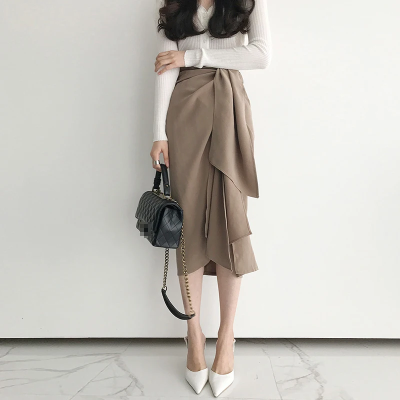 khaki TWOTWINSTYLE весенние черные юбки женские с высокой талией бандажные миди асимметричные юбки для женщин повседневные модные корейские новые - Цвет: khaki
