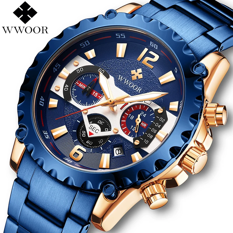 WWOOR Роскошные брендовые Для мужчин часы кварцевые с хронографом Дата световой