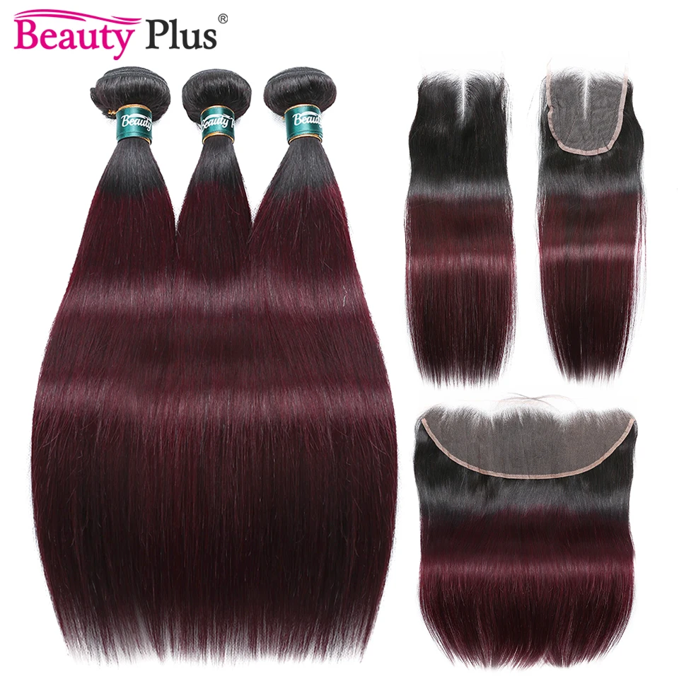 99J Burgundy Bundles With Frontal 28 Inch Ombre Brazilian Human Hair 4x4 Lace Closures And Remy Bone Straight | Шиньоны и парики