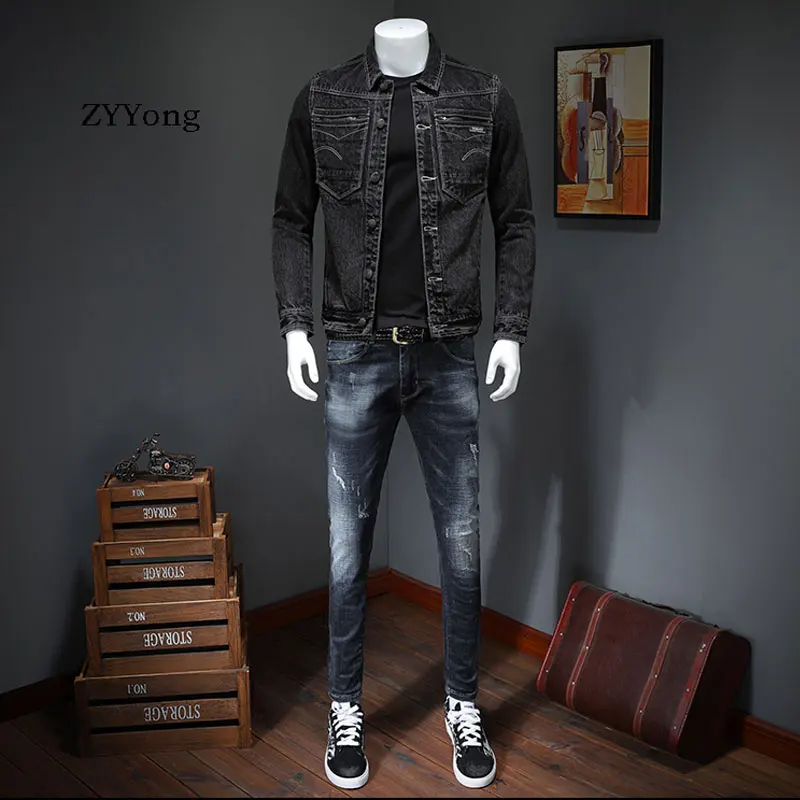 Мужская приталенная джинсовая куртка ZYYong черная в стиле ретро Повседневная