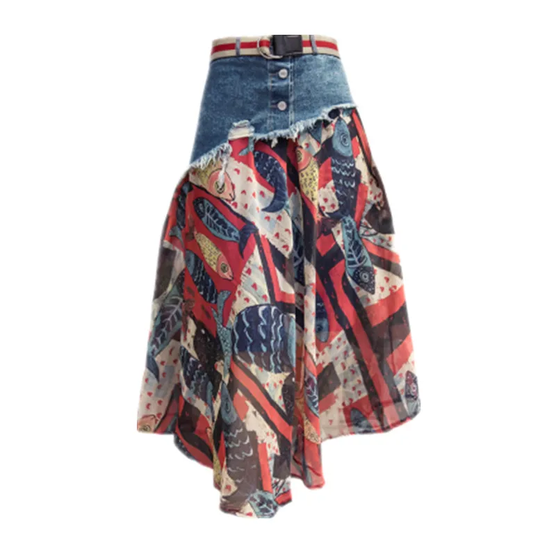 

Holiday Style Summer Denim Patchwork Chiffon Beach Skirts Women's A-Line Long Skirt High Waist Vintage Elegant Printed Skirts