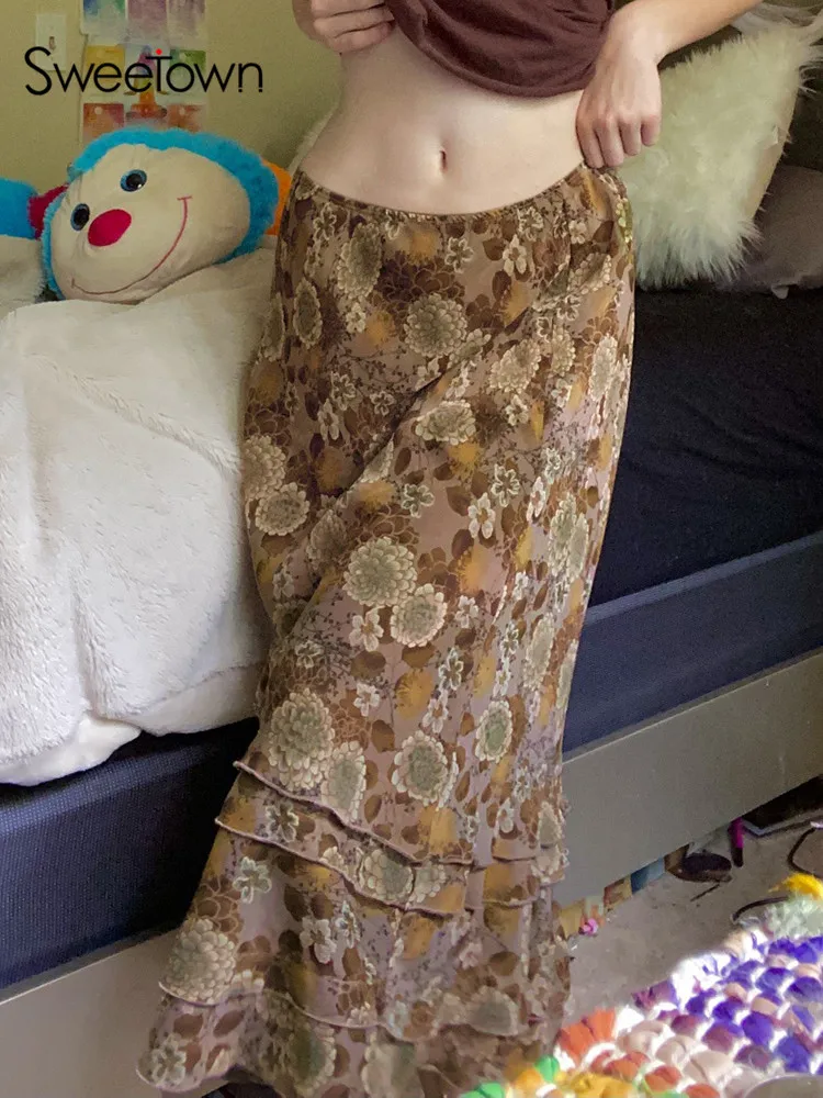 

Милая юбка миди с цветочным принтом и заниженной талией, Y2K