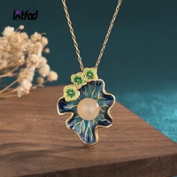 retro pendant necklace enamel craft lotus seed lotus leaf natural agate necklace for women luxury jewelry gift