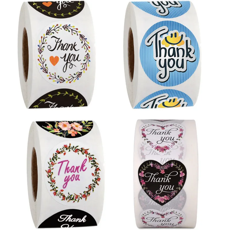 

500pcs/roll Round Floral Heart-Shaped Thank You Sticker Scrapbooking Seal Labels Wedding Decoration Cake Baking Stickers