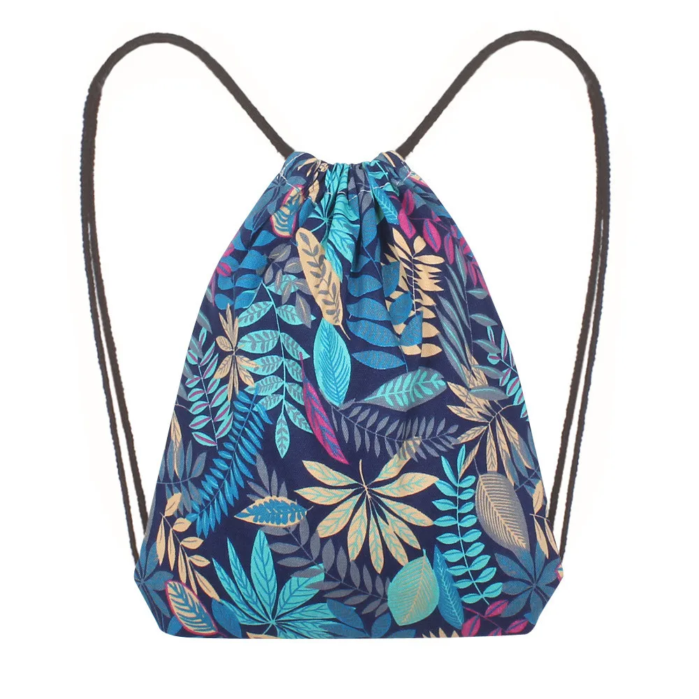 Fashion Women Drawstring backpack Storage Bag Leaf Printing High Capacity Bucket sports bag pocket pouch Shoulder Bag Canvas new