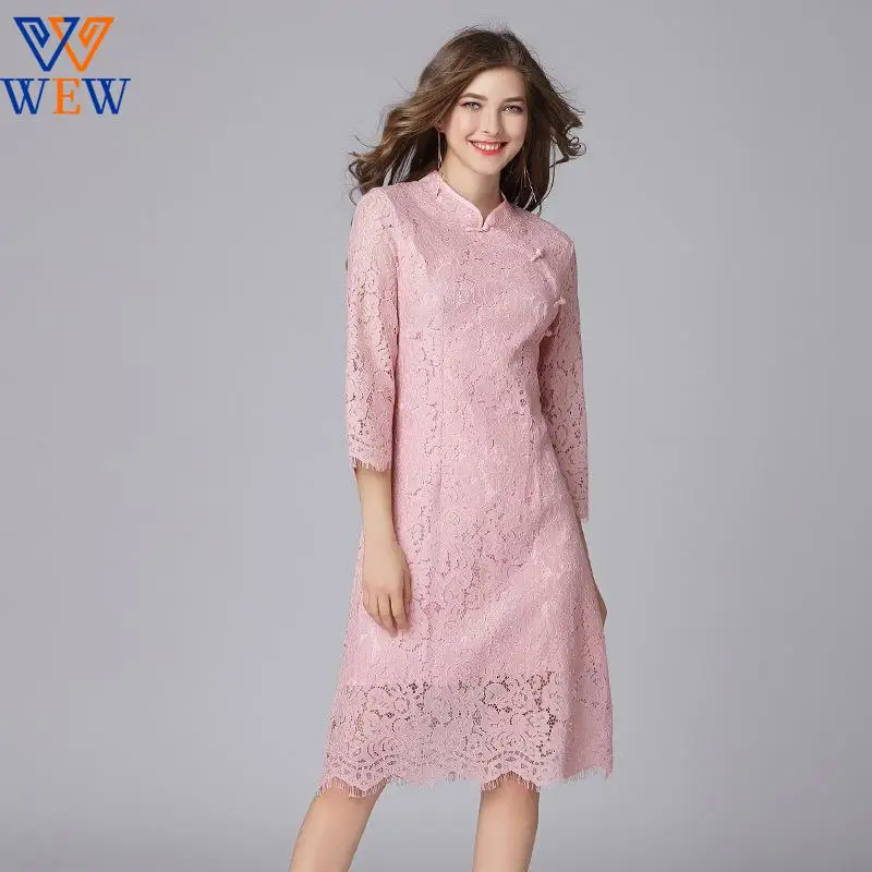 

2021 New Arrival Spring Button Decoration Three Quarter Plus Size XL Pink Color Vintage Style Women Lace Dress evening pride