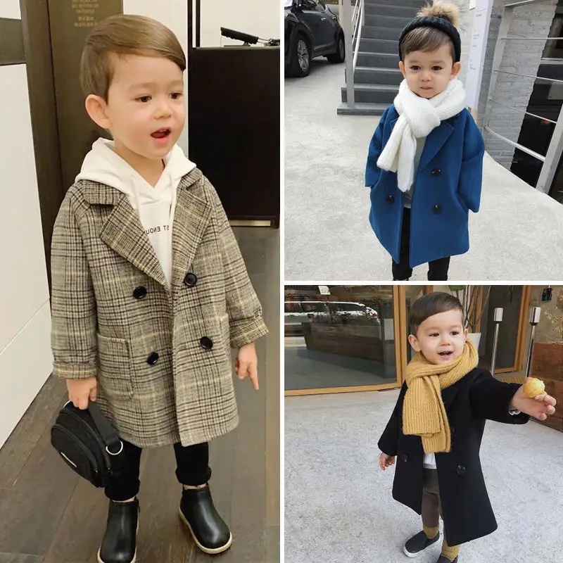 

Autumn Winter Grid Jackets Boys Girls Woolen Double-breasted Baby Boy Trench Coat Lapel Kids Keep Warm Outerwear Wool Overcoat