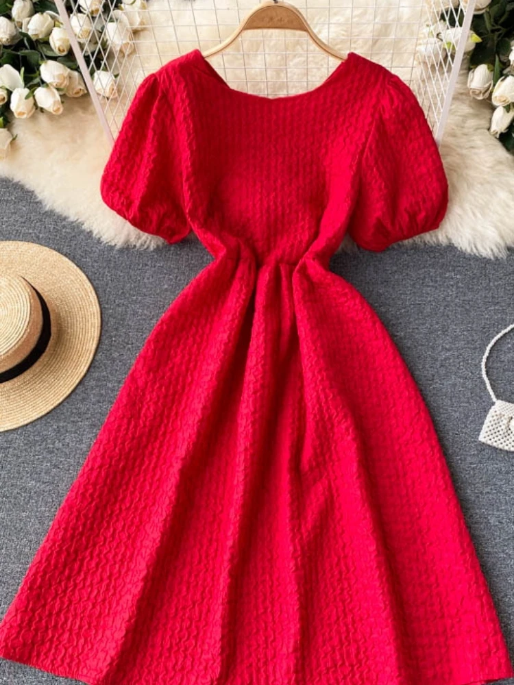 

YIZZHOY New Summer A Line O Neck Puff Sleeve Chiffon Pullover Women Medium Dresses Casual Solid Slim Lady Short Dress